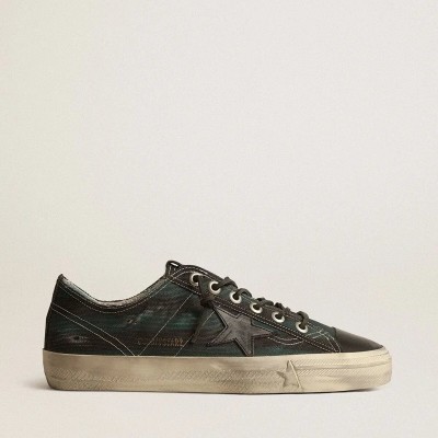 Golden Goose V-Star In Black And Green Striped Canvas With Black Leather Star And Toe Golden Goose V-Star In Black And Green Striped Canvas With Black Leather Star And Toe