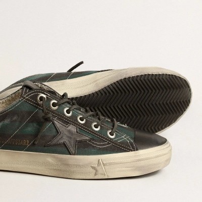 Golden Goose V-Star In Black And Green Striped Canvas With Black Leather Star And Toe Golden Goose V-Star In Black And Green Striped Canvas With Black Leather Star And Toe