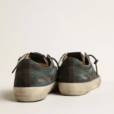 Golden Goose V-Star In Black And Green Striped Canvas With Black Leather Star And Toe Golden Goose V-Star In Black And Green Striped Canvas With Black Leather Star And Toe