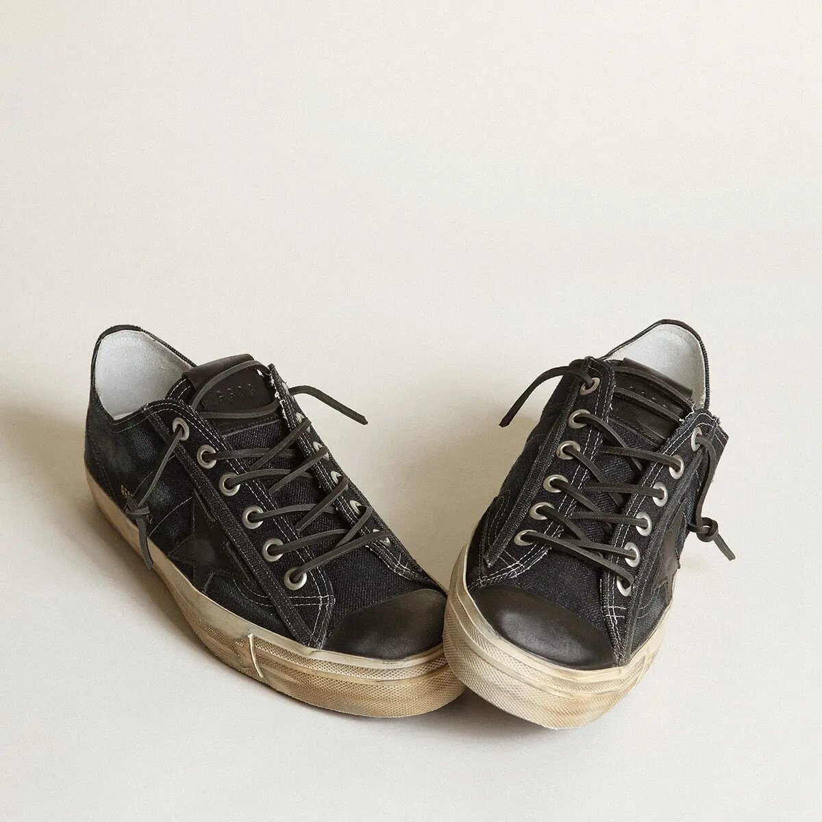 Golden Goose V-Star Sneakers In Midnight-Blue Denim With Black Leather Star And Toe Golden Goose V-Star Sneakers In Midnight-Blue Denim With Black Leather Star And Toe