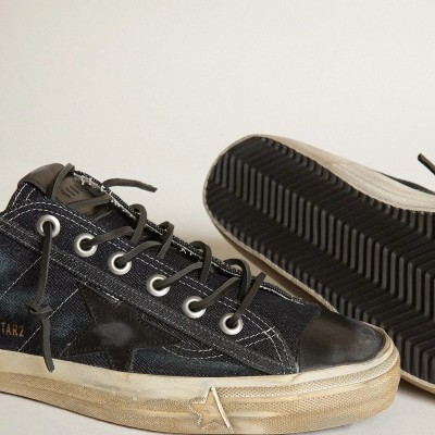 Golden Goose V-Star Sneakers In Midnight-Blue Denim With Black Leather Star And Toe Golden Goose V-Star Sneakers In Midnight-Blue Denim With Black Leather Star And Toe