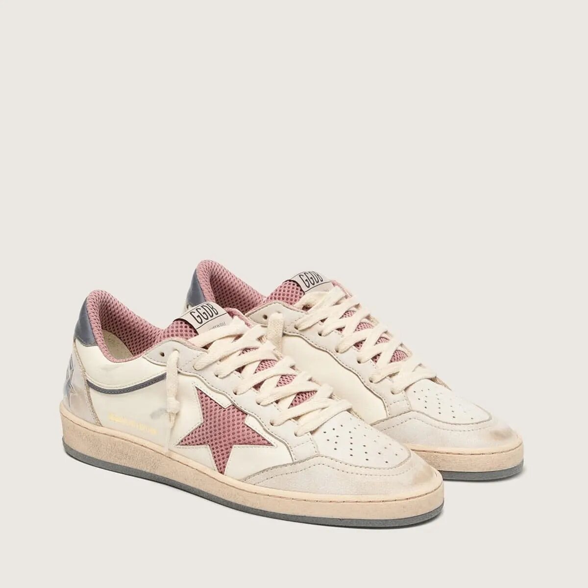 Golden Goose Ball Star Ltd In Beige Leather With Pink Mesh Star And Blue Leather Heel Tab Golden Goose Ball Star Ltd In Beige Leather With Pink Mesh Star And Blue Leather Heel Tab