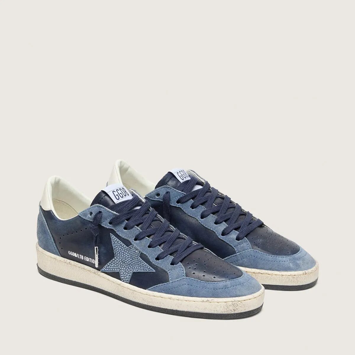 Golden Goose Ball Star Ltd In Dark Blue Leather With Light Blue Swarovski Crystal Star And Suede Inserts Golden Goose Ball Star Ltd In Dark Blue Leather With Light Blue Swarovski Crystal Star And Suede Inserts