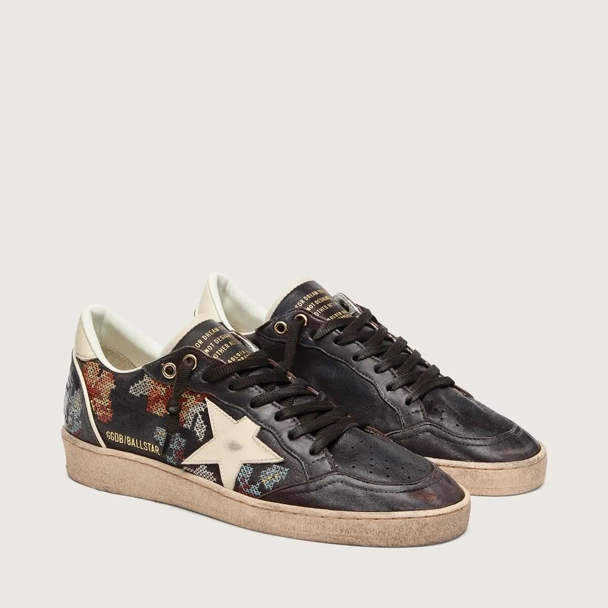 Golden Goose Ball Star Ltd In Ebony Nappa With Multicolor Embroidery And White Star Golden Goose Ball Star Ltd In Ebony Nappa With Multicolor Embroidery And White Star