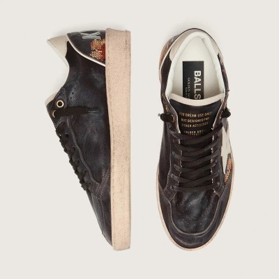 Golden Goose Ball Star Ltd In Ebony Nappa With Multicolor Embroidery And White Star Golden Goose Ball Star Ltd In Ebony Nappa With Multicolor Embroidery And White Star