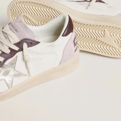 Golden Goose Ball Star Ltd In Nappa With Platinum Foiled Leather Star And Burgundy Nubuck Leather Heel Tab