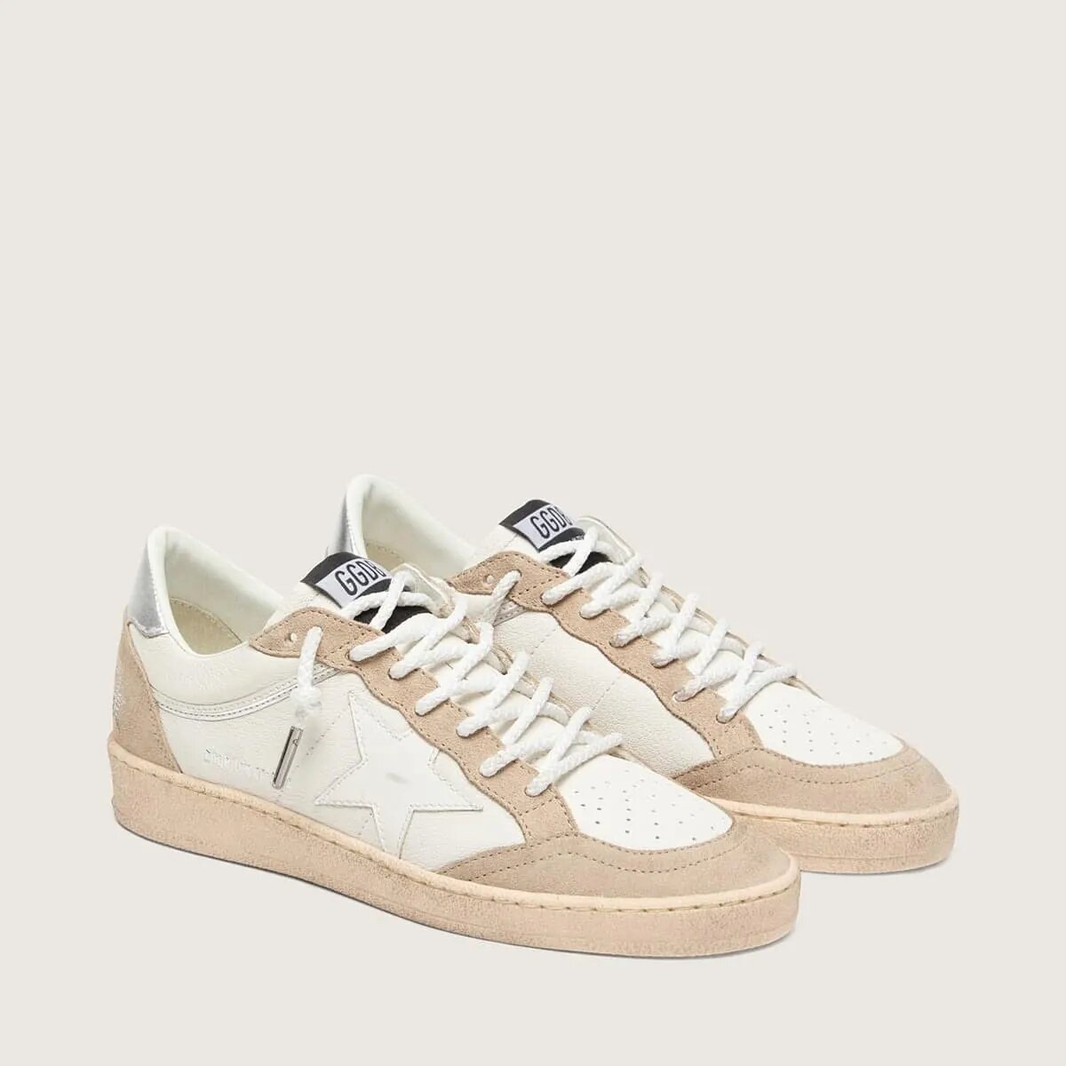 Golden Goose Ball Star Ltd In White Leather And Beige Suede With White Star Golden Goose Ball Star Ltd In White Leather And Beige Suede With White Star