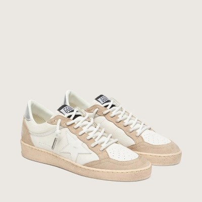 Golden Goose Ball Star Ltd In White Leather And Beige Suede With White Star Golden Goose Ball Star Ltd In White Leather And Beige Suede With White Star