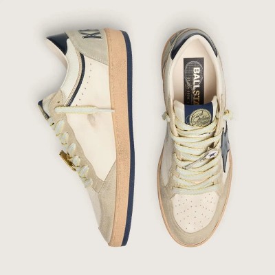 Golden Goose Ball Star Ltd In White Leather And Light Grey Suede With Dark Blue Star Skins Golden Goose Ball Star Ltd In White Leather And Light Grey Suede With Dark Blue Star Skins