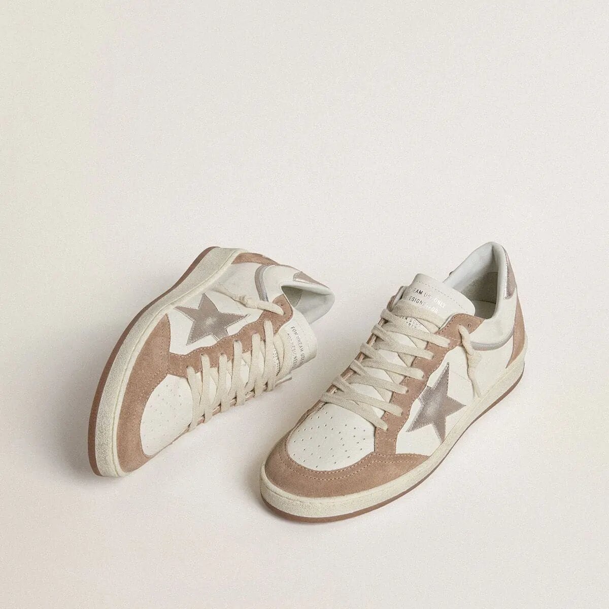 Golden Goose Ball Star Ltd In White Nappa Leather And Old Rose Suede With Metallic Silver Leather Star And Heel Tab Golden Goose Ball Star Ltd In White Nappa Leather And Old Rose Suede With Metallic Silver Leather Star And Heel Tab