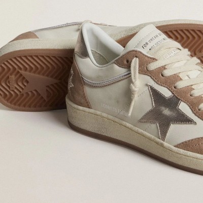 Golden Goose Ball Star Ltd In White Nappa Leather And Old Rose Suede With Metallic Silver Leather Star And Heel Tab Golden Goose Ball Star Ltd In White Nappa Leather And Old Rose Suede With Metallic Silver Leather Star And Heel Tab