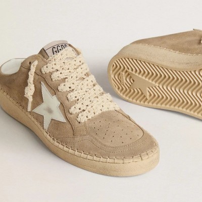 Golden Goose Ball Star Sabot In Beige Suede With White Leather Star