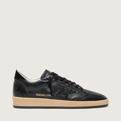 Golden Goose Ball Star In Black Nappa With Black Glitter Star And Suede Heel Tab Golden Goose Ball Star In Black Nappa With Black Glitter Star And Suede Heel Tab