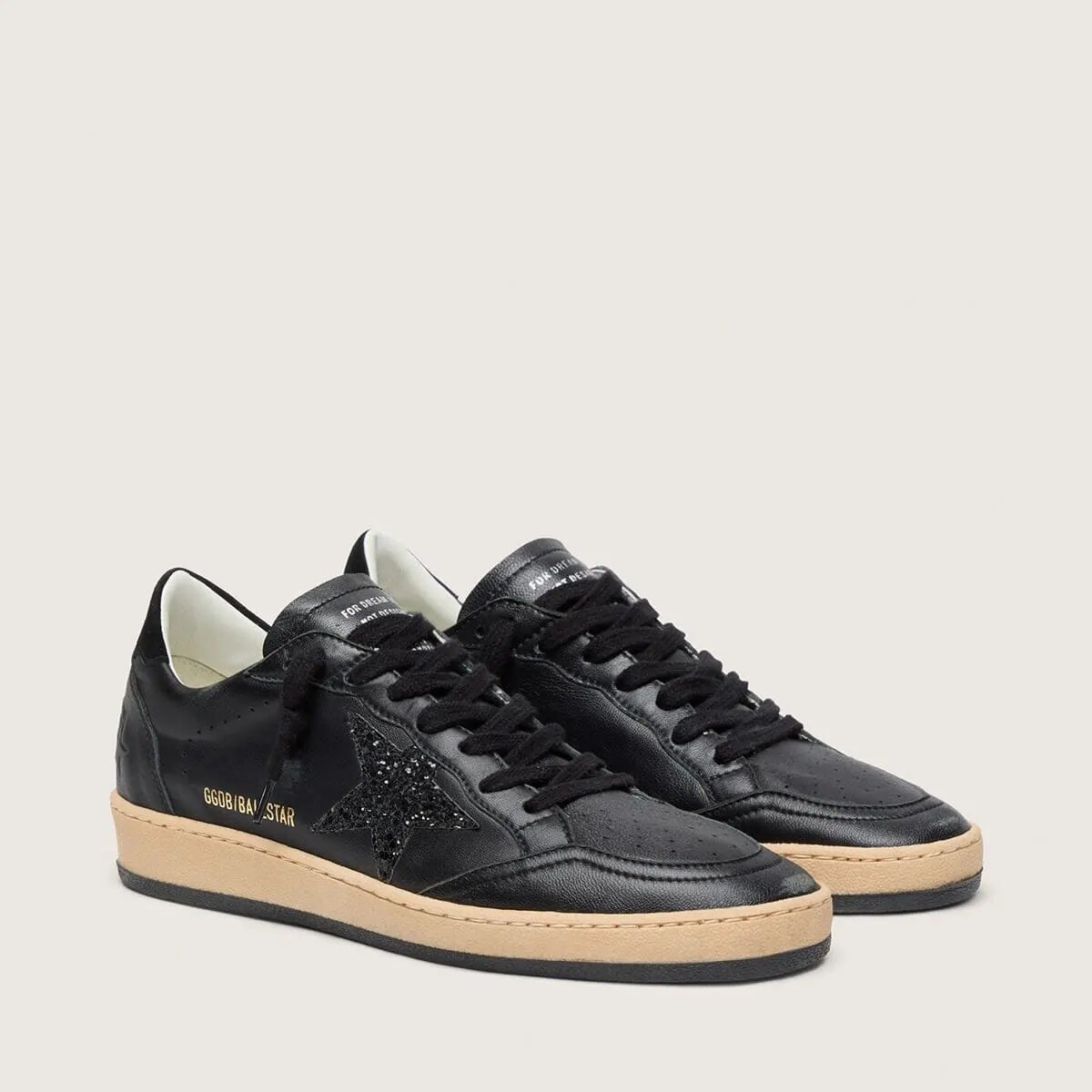 Golden Goose Ball Star In Black Nappa With Black Glitter Star And Suede Heel Tab Golden Goose Ball Star In Black Nappa With Black Glitter Star And Suede Heel Tab
