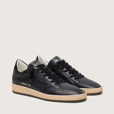 Golden Goose Ball Star In Black Nappa With Black Glitter Star And Suede Heel Tab Golden Goose Ball Star In Black Nappa With Black Glitter Star And Suede Heel Tab