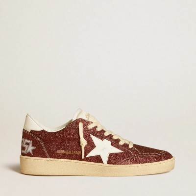 Golden Goose Ball Star In Burgundy Glitter With White Leather Star And Heel Tab Golden Goose Ball Star In Burgundy Glitter With White Leather Star And Heel Tab