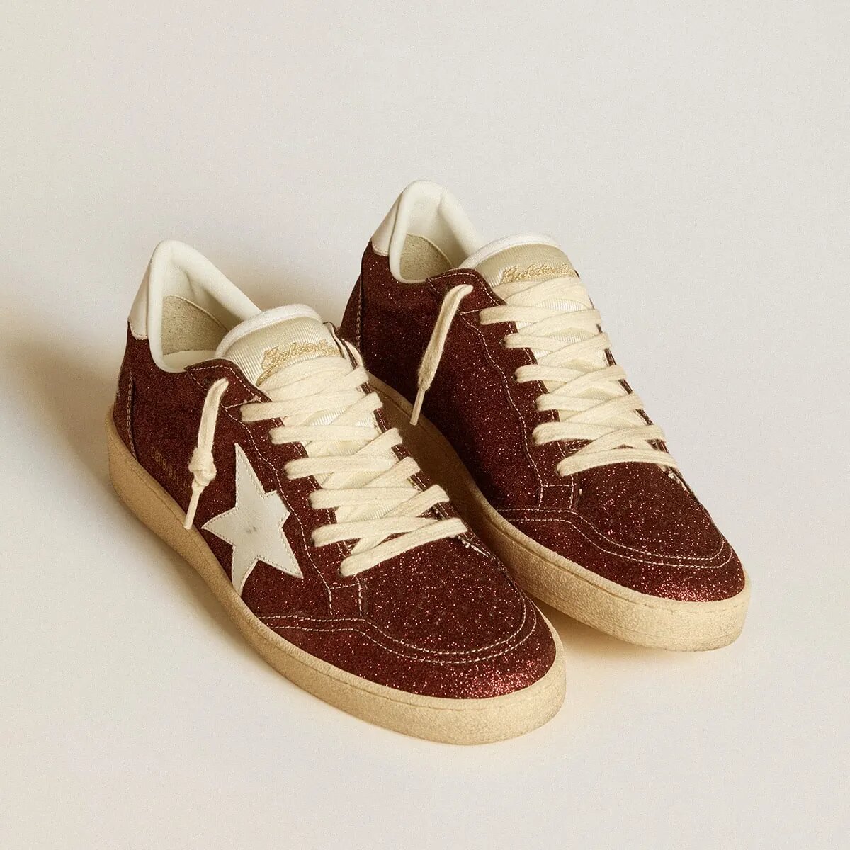 Golden Goose Ball Star In Burgundy Glitter With White Leather Star And Heel Tab Golden Goose Ball Star In Burgundy Glitter With White Leather Star And Heel Tab
