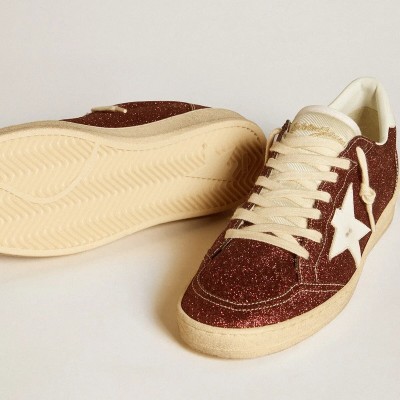 Golden Goose Ball Star In Burgundy Glitter With White Leather Star And Heel Tab Golden Goose Ball Star In Burgundy Glitter With White Leather Star And Heel Tab