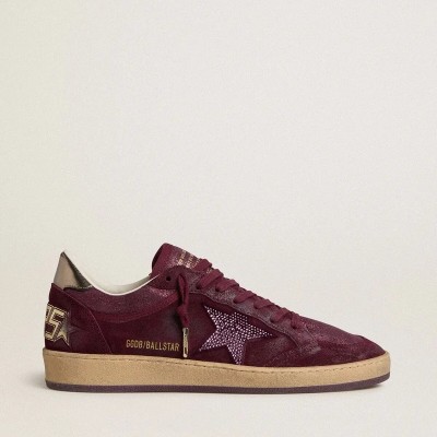 Golden Goose Ball Star In Burgundy Suede With Crystal Star And Metallic Leather Heel Tab Golden Goose Ball Star In Burgundy Suede With Crystal Star And Metallic Leather Heel Tab