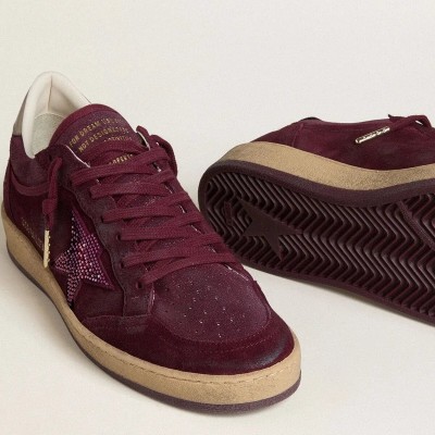 Golden Goose Ball Star In Burgundy Suede With Crystal Star And Metallic Leather Heel Tab Golden Goose Ball Star In Burgundy Suede With Crystal Star And Metallic Leather Heel Tab