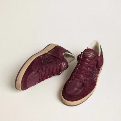 Golden Goose Ball Star In Burgundy Suede With Crystal Star And Metallic Leather Heel Tab Golden Goose Ball Star In Burgundy Suede With Crystal Star And Metallic Leather Heel Tab