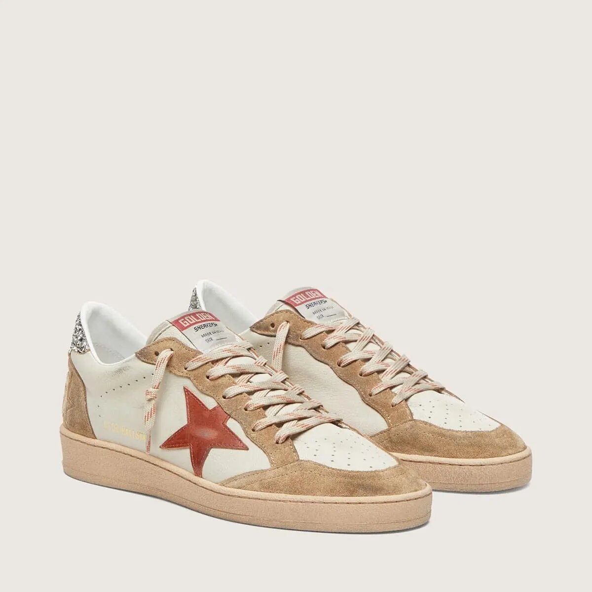 Golden Goose Ball Star In Cream Leather With Brick-Red Leather Star And Suede Inserts Golden Goose Ball Star In Cream Leather With Brick-Red Leather Star And Suede Inserts