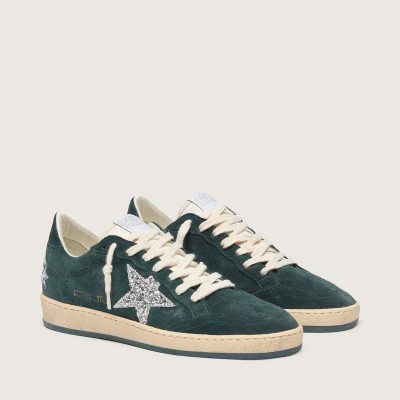 Golden Goose Ball Star In Green Suede With Silver Glitter Star Golden Goose Ball Star In Green Suede With Silver Glitter Star