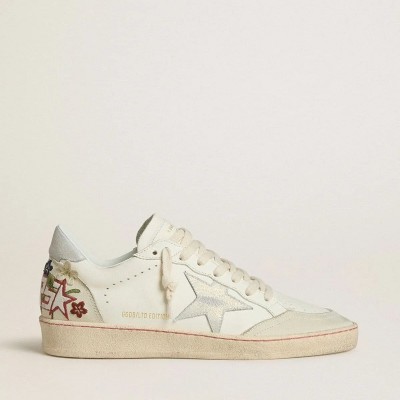 Golden Goose Ball Star In Leather With Platinum Suede Star And Multicolor Floral Embroidery Golden Goose Ball Star In Leather With Platinum Suede Star And Multicolor Floral Embroidery