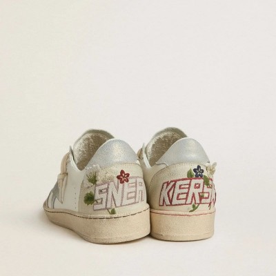 Golden Goose Ball Star In Leather With Platinum Suede Star And Multicolor Floral Embroidery Golden Goose Ball Star In Leather With Platinum Suede Star And Multicolor Floral Embroidery