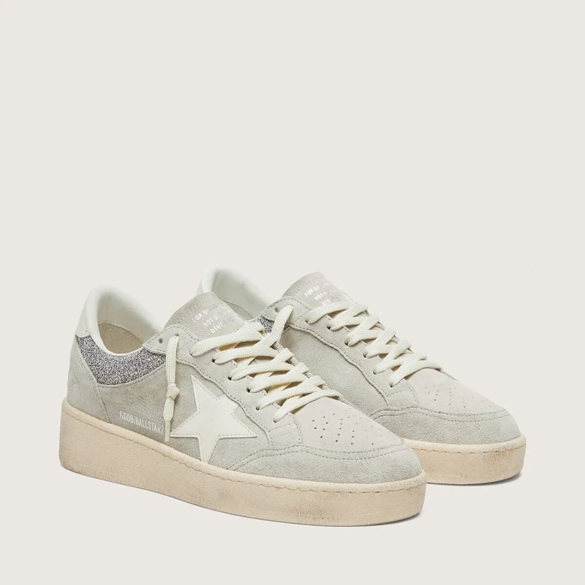 Golden Goose Ball Star In Light Gray Suede With Star And Glitter Inserts Golden Goose Ball Star In Light Gray Suede With Star And Glitter Inserts