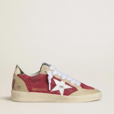 Golden Goose Ball Star In Red Suede With White Crackle Suede Star And Platinum Leather Heel Tab Golden Goose Ball Star In Red Suede With White Crackle Suede Star And Platinum Leather Heel Tab