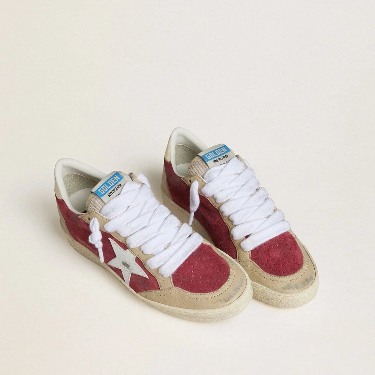 Golden Goose Ball Star In Red Suede With White Crackle Suede Star And Platinum Leather Heel Tab Golden Goose Ball Star In Red Suede With White Crackle Suede Star And Platinum Leather Heel Tab