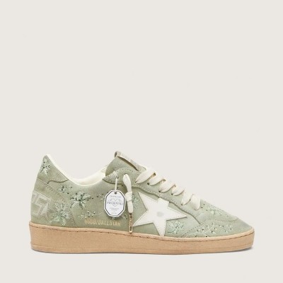 Golden Goose Ball Star In Sage-Green Suede With White Leather Star And Tone-On-Tone Swarovski Floral Embroidery Golden Goose Ball Star In Sage-Green Suede With White Leather Star And Tone-On-Tone Swarovski Floral Embroidery