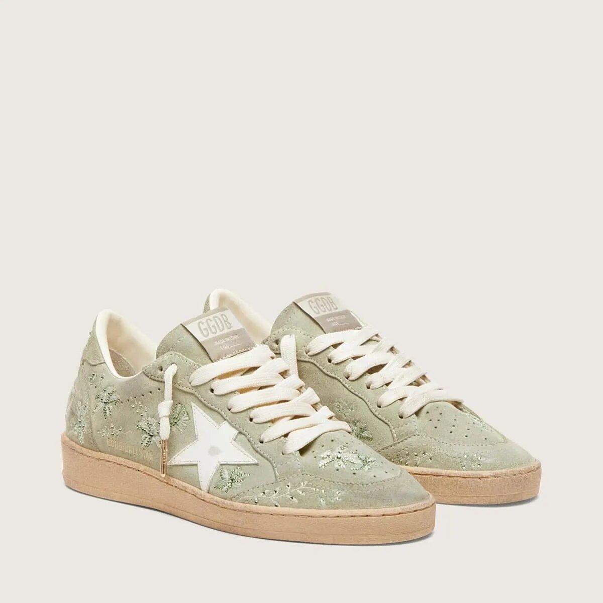 Golden Goose Ball Star In Sage-Green Suede With White Leather Star And Tone-On-Tone Swarovski Floral Embroidery Golden Goose Ball Star In Sage-Green Suede With White Leather Star And Tone-On-Tone Swarovski Floral Embroidery