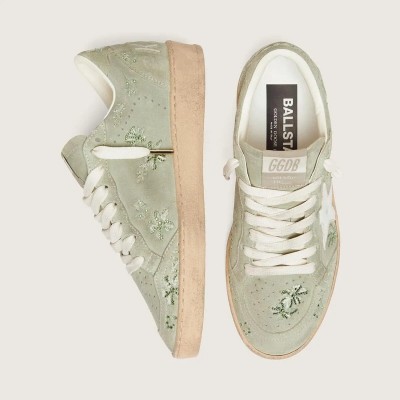 Golden Goose Ball Star In Sage-Green Suede With White Leather Star And Tone-On-Tone Swarovski Floral Embroidery Golden Goose Ball Star In Sage-Green Suede With White Leather Star And Tone-On-Tone Swarovski Floral Embroidery
