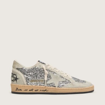 Golden Goose Ball Star In Silver Glitter With Ice-Gray Suede Inserts Golden Goose Ball Star In Silver Glitter With Ice-Gray Suede Inserts