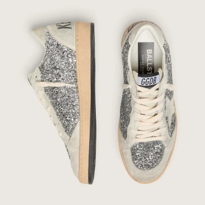 Golden Goose Ball Star In Silver Glitter With Ice-Gray Suede Inserts Golden Goose Ball Star In Silver Glitter With Ice-Gray Suede Inserts