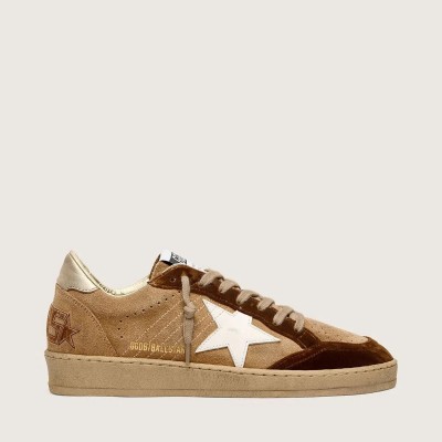 Golden Goose Ball Star In Tobacco Suede With White Leather Star And Cognac Velvet Inserts