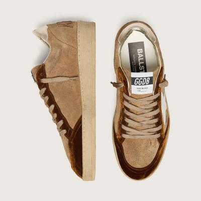 Golden Goose Ball Star In Tobacco Suede With White Leather Star And Cognac Velvet Inserts