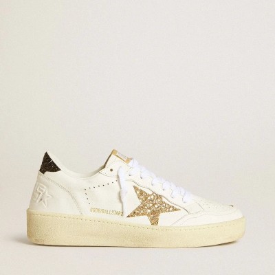Golden Goose Ball Star In White Leather With Gold Glitter Star And Black Glitter Heel Tab Golden Goose Ball Star In White Leather With Gold Glitter Star And Black Glitter Heel Tab