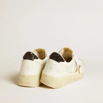 Golden Goose Ball Star In White Leather With Gold Glitter Star And Black Glitter Heel Tab Golden Goose Ball Star In White Leather With Gold Glitter Star And Black Glitter Heel Tab