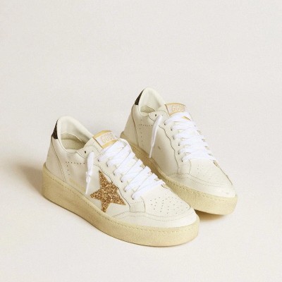 Golden Goose Ball Star In White Leather With Gold Glitter Star And Black Glitter Heel Tab Golden Goose Ball Star In White Leather With Gold Glitter Star And Black Glitter Heel Tab