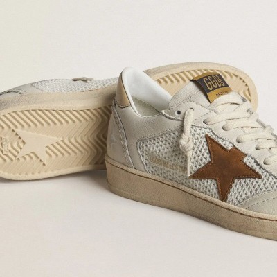 Golden Goose Ball Star In White Nappa And Mesh With Tobacco-Colored Nubuck Star And Beige Heel Tab