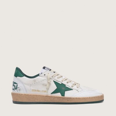 Golden Goose Ball Star In White Nappa Leather With Green Leather Star And Heel Tab Golden Goose Ball Star In White Nappa Leather With Green Leather Star And Heel Tab