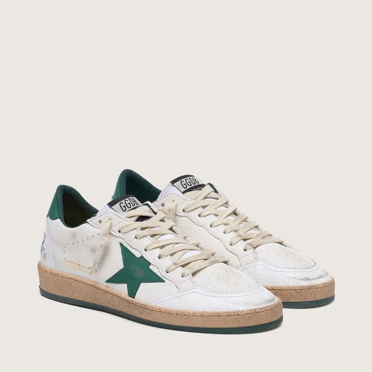 Golden Goose Ball Star In White Nappa Leather With Green Leather Star And Heel Tab Golden Goose Ball Star In White Nappa Leather With Green Leather Star And Heel Tab
