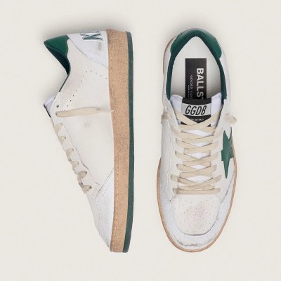 Golden Goose Ball Star In White Nappa Leather With Green Leather Star And Heel Tab Golden Goose Ball Star In White Nappa Leather With Green Leather Star And Heel Tab