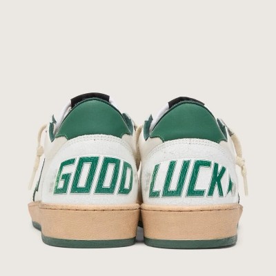 Golden Goose Ball Star Wishes In White Nappa Leather With Green Leather Star And Heel Tab