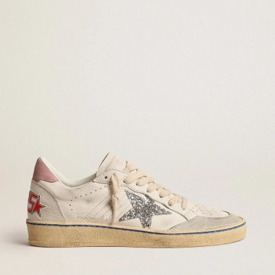 Golden Goose Ball Star With Glitter Star And Pink Suede Heel Tab Golden Goose Ball Star With Glitter Star And Pink Suede Heel Tab