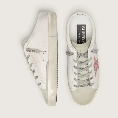 Golden Goose Bio-Based Super-Star Sabot With Pink Glitter Star And Suede Toe Golden Goose Bio-Based Super-Star Sabot With Pink Glitter Star And Suede Toe