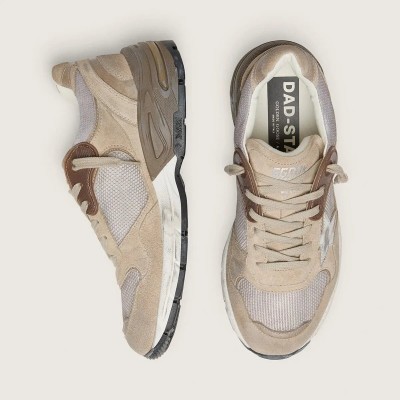 Golden Goose Dad-Star In Beige Mesh And Suede With Silver Leather Star